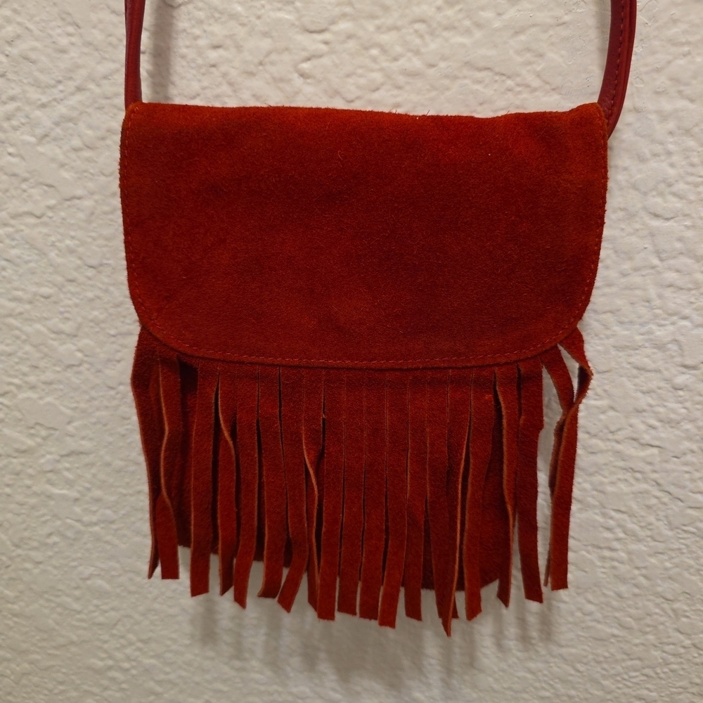 Boho Style Small Red Fringed Leather Crossbody Bag